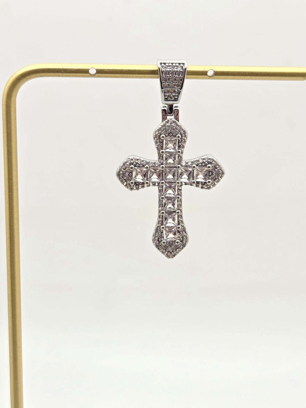 Sparkling Silver-Tone Princess Cut Inset Cross Pendant